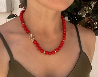 Ketting met rode koraalkralen, goudvermeil knevel, handgemaakt in Spanje