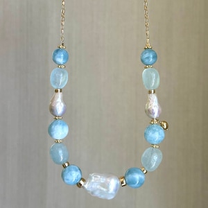 Aquamarin Halskette, Perlenketten für Frauen, handgemachter Schmuck, Boho Halskette