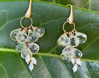 Prasiolietclusteroorbellen: groene amethist, verguld sterlingzilver