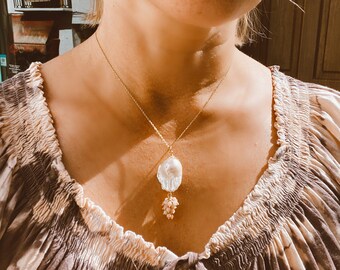 Baroque pearl and pink opal pendant on chain, gold filled silver