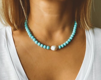 Turquoise and pearl necklace, Turquoise necklace, Pearl necklace, Summer necklace, Turquoise jewelry, Beaded necklace, Handmade jewelry