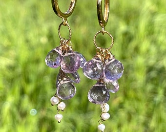 Boucles D'Oreilles Clous Perles De Culture & Améthyste Plaqué Or - Marque Rose-Mimosa, Neuf Avec étiquettes
