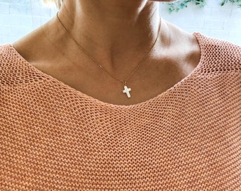 Mother of pearl cross on the gold plated 925 silver chain, 40 cm, Cross necklace, Cross pendant, Religious necklace