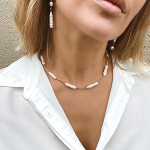 ビワパールネックレス、ロングバロックパールゴールドフィルドネックレス、天然淡水パール
