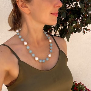 Aquamarin Halskette, Aquamarin und Süßwasserperlen klassische Halskette, Perlenkette, Statement Halskette, Aquamarin Schmuck