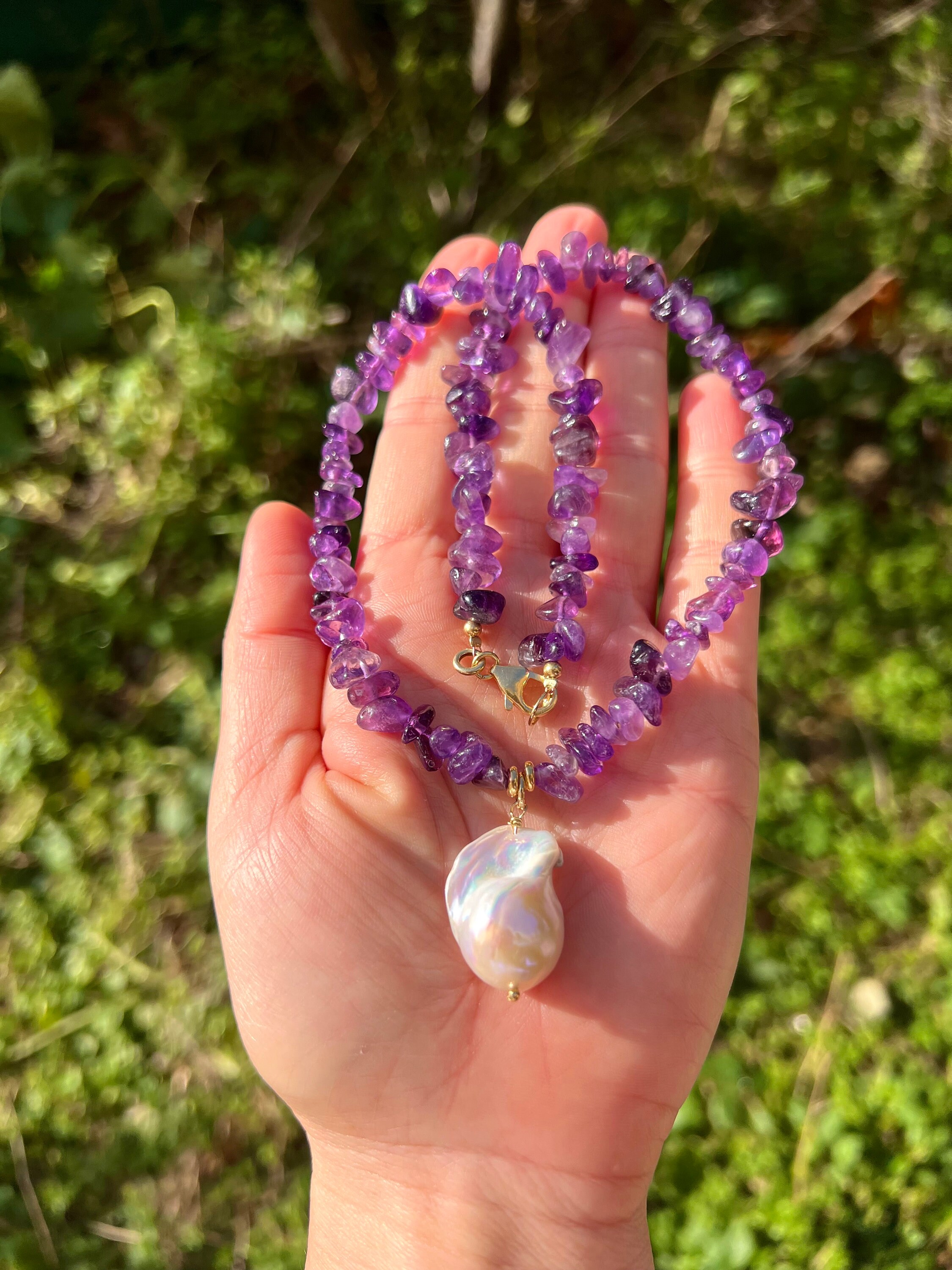 Amethyst Necklace With Baroque Pearl Pendant, Purple