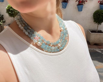 Handmade Three-Layer Aquamarine Necklace: Baroque Gemstone & Pearl