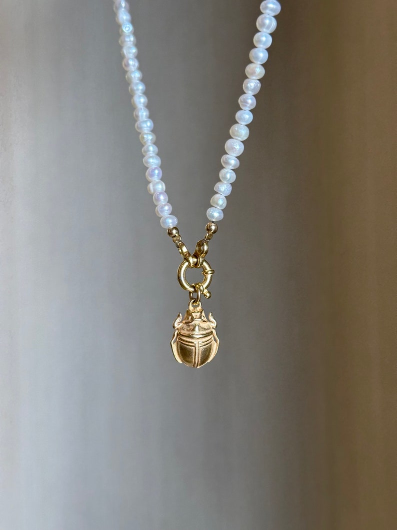Scarab necklace, tiny fresh water pearl necklace with scarab pendant, layering necklace, Valentine's Day gift idea image 7