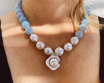 Aquamarine and Pearl Necklace: Sterling Silver Gemstone Jewelry
