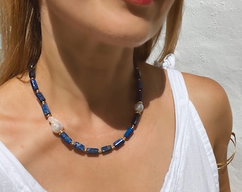 Lapis Lazuli Statement Necklace, Baroque Pearl, Gold Vermeil