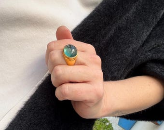 Green Fluorite Ring • Gold Plated Sterling Silver, Handmade Boho Jewelry