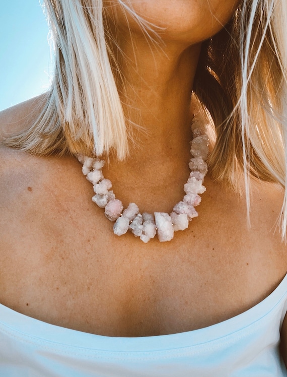 Rose Quartz choker, natural crystal necklace gemstone, raw rose quartz
