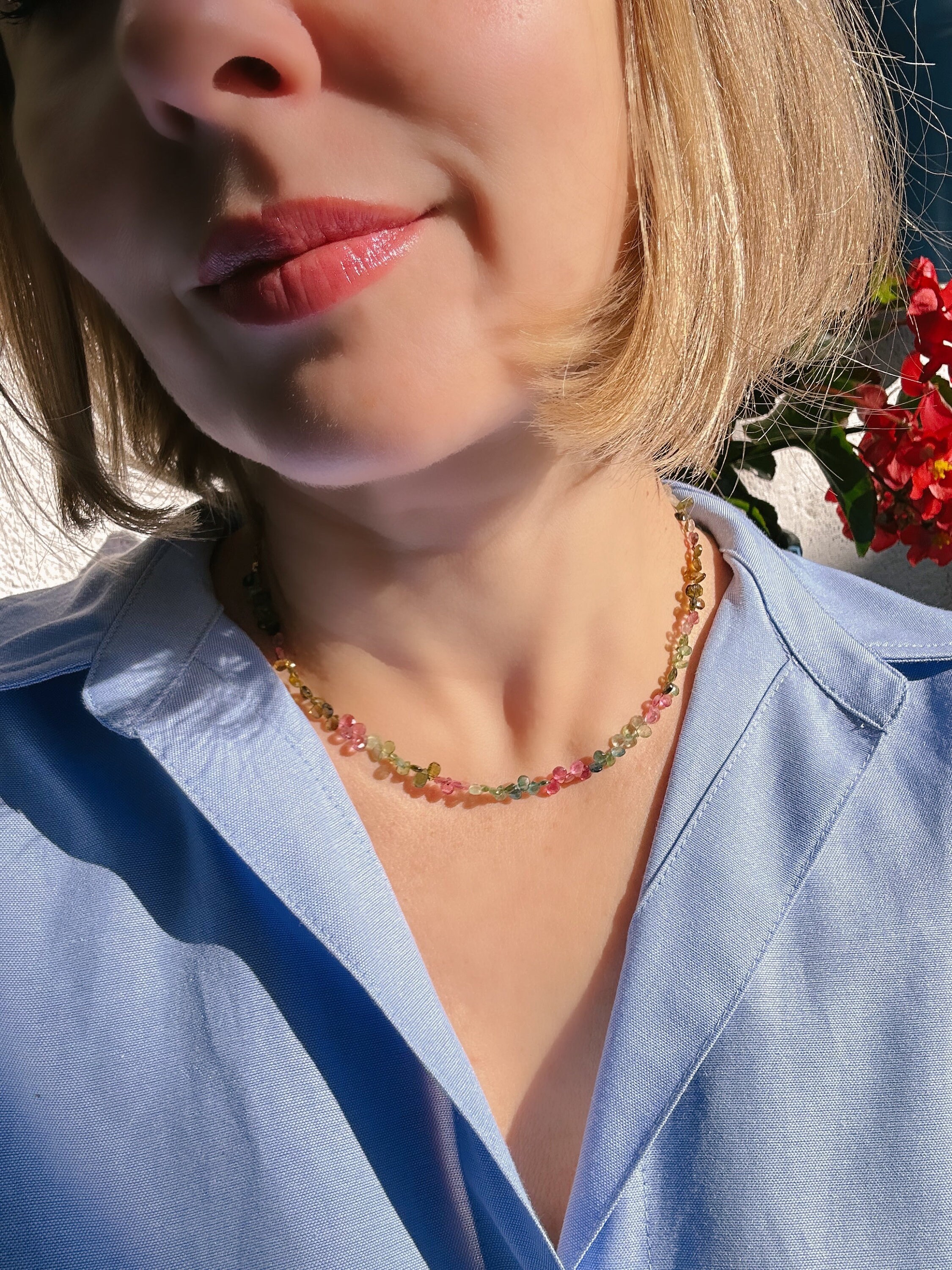 Handmade Multi Tourmaline Briolette Necklace: 14k Gold Filled Chain