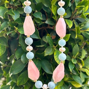 Rosenquarz, Aquamarin und Perle Statement Halskette, Geschenk für sie, handgemachter Schmuck, Perlenketten