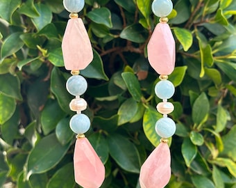 Handmade Rose Quartz, Aquamarine & Pearl Beaded Necklace