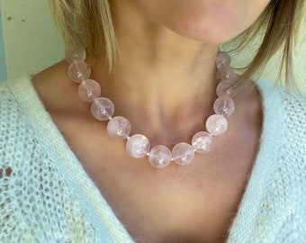 Chunky oversized rose quartz gumball beaded necklace, classic necklace rose quartz and silver