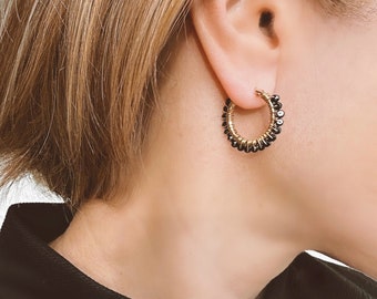 Black Spinel Hoop Earrings, Festive earrings, Gift for her, Handmade jewelry, Handmade earrings