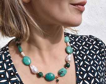 Chunky naturel turquoise, corail et perles, collier tendance, bijoux OOAK, pierre de naissance de décembre, collier unique