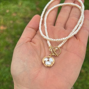 Bird&#39;s Nest Pendant on Tiny Pearl Necklace, Egg nest necklace, Dainty pearl necklace, Cute necklace, Valentine gift for her