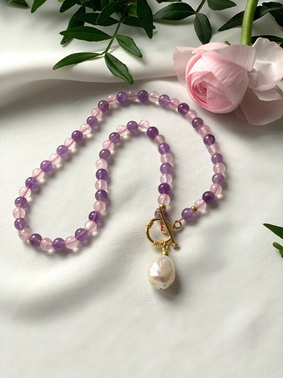 Amethyst and rose quartz beaded necklace with natural pearl | Etsy