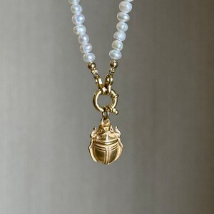 Scarab necklace, tiny fresh water pearl necklace with scarab pendant, layering necklace, Valentine's Day gift idea image 2