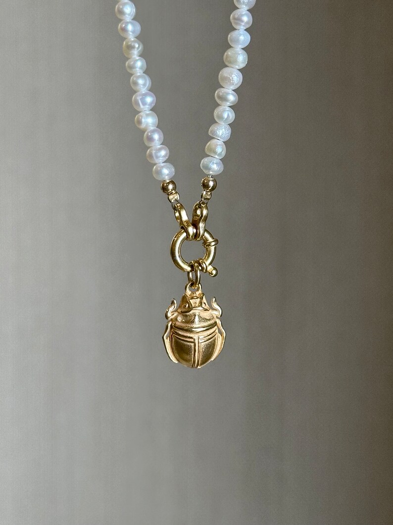 Scarab necklace, tiny fresh water pearl necklace with scarab pendant, layering necklace, Valentine's Day gift idea image 2