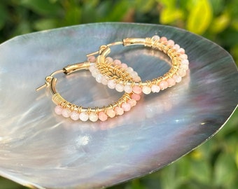 Pink Opal Hoop Earrings, Cute gemstone earrings, Gift for mom, handmade earrings