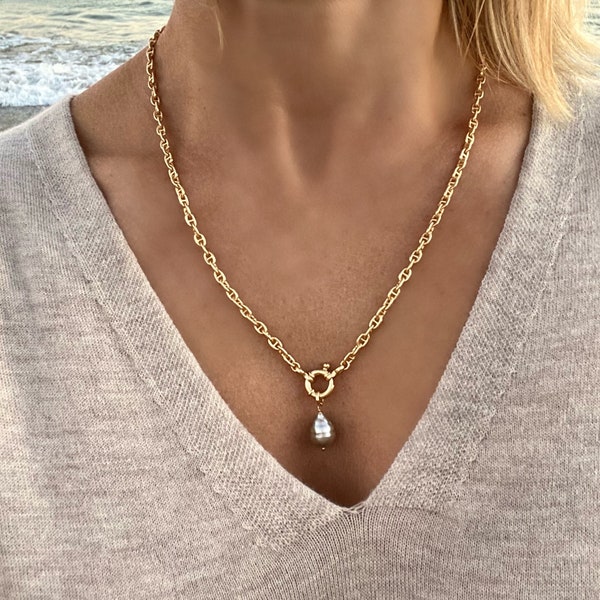 Chaîne marine en argent plaqué or avec pendentif perle de Tahiti