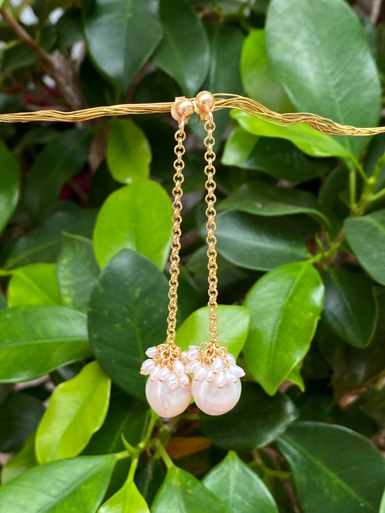 Pearl drop earrings, pearl chain dangle earrings image 1