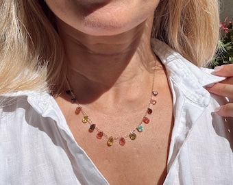 Gold Filled Tourmaline Necklace – 18 Inch Dainty Multi-Color Gemstone Drop Necklace