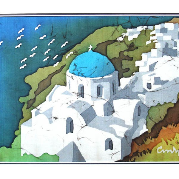 Batik Hand Painted Picture - Santorini  Island Greece - Hot Wax Technique - Textile Wall Art - Interior Decoration (11 1/2" X 8 3/8" inch.)