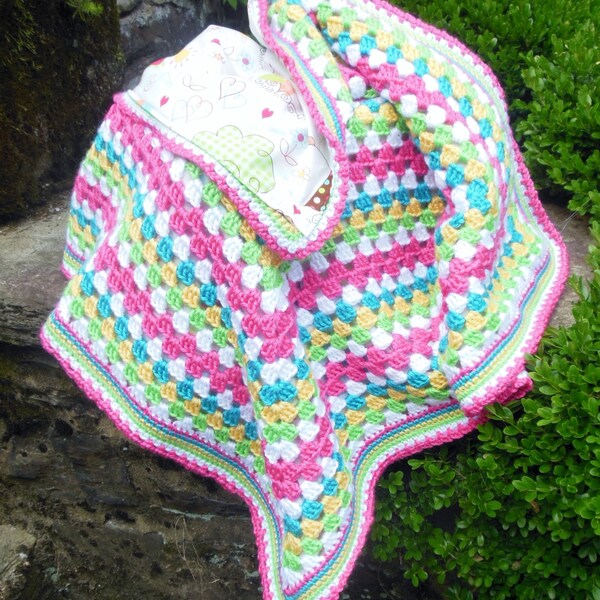 Crochet Baby Blanket, Baby Girl Elephant Parade Reversible Crochet Blanket, Granny Square Blanket
