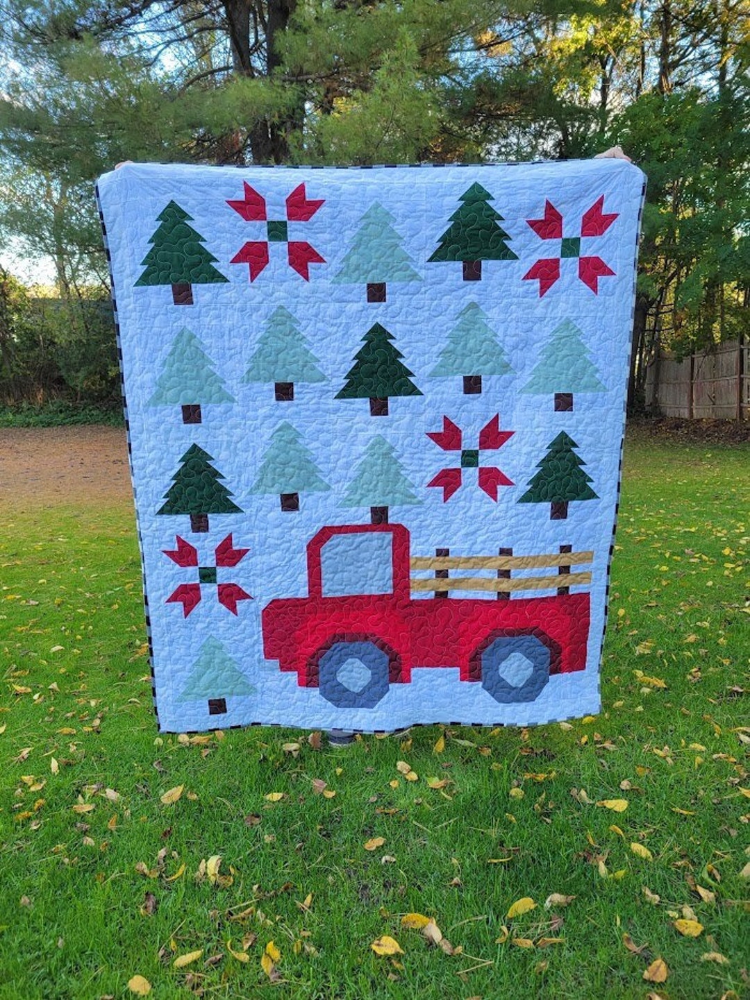 Christmas Quilt, Red Truck, Trees, Holly Berry, Decor, Flannel