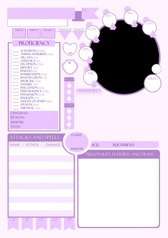 D D Pdf Pastel Character Sheet For Use With 5e Etsy