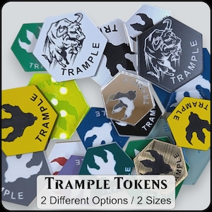 May include: A collection of hexagonal tokens in various colours and finishes, featuring a bull illustration or a footprint graphic with the text TRAMPLE. The image includes a label with the text TRAMPLE TOKENS 2 Different Options / 2 Sizes.