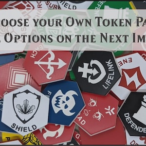 Puede incluir: Una colección de fichas de juego hexagonales en varios colores, incluyendo rojo, azul, negro, blanco y verde. Cada ficha presenta iconos gráficos blancos únicos y etiquetas como Shield, Lifelink y Defender. El texto dice: Choose your own token pack all options on the next image.