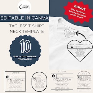 Plantilla de etiqueta de cuello editable de Canva Label Bundle, etiqueta de cuello de camiseta DIY, etiqueta de ropa personalizada, etiqueta de instrucciones de lavado, etiqueta de cuidado de la prenda