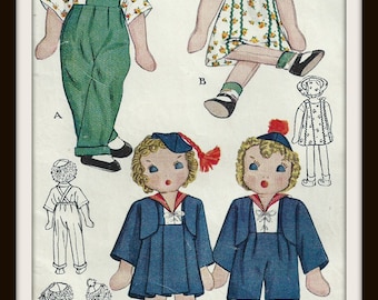 Vintage Cloth Doll Pattern - Twins Janie And Johnny - 11 1/2 Inches High - Outfits Included - On PDF