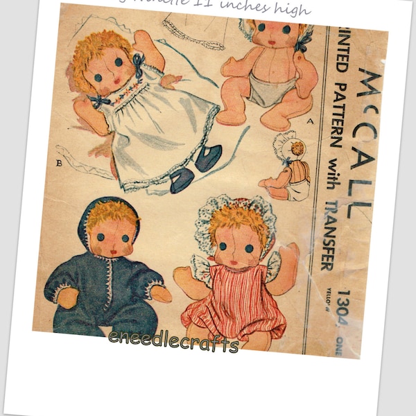 McCall Pattern 1304 - Ninette - 11 Inches High Baby Doll Pattern Includes - 3 Outfits - Diaper - Slip - Shoes And Socks
