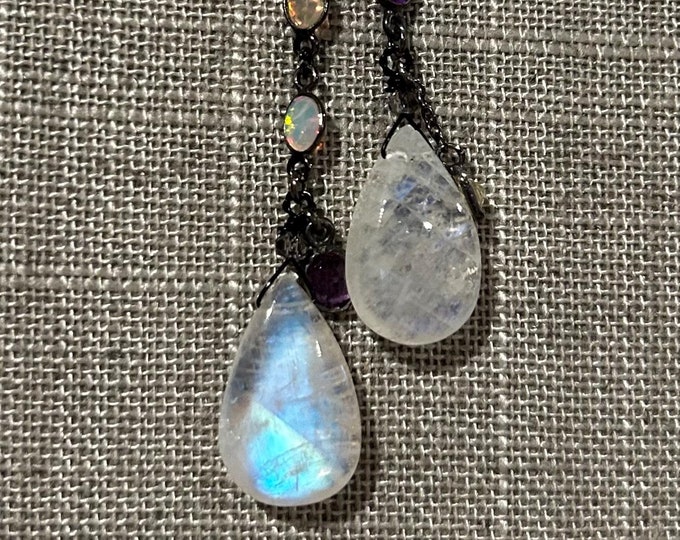 SOLD-Double Rainbow Moonstone Drop Necklace