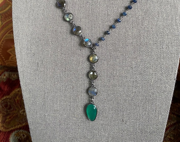 SOLD! Green Onyx Labradorite and Sapphire chain Necklace