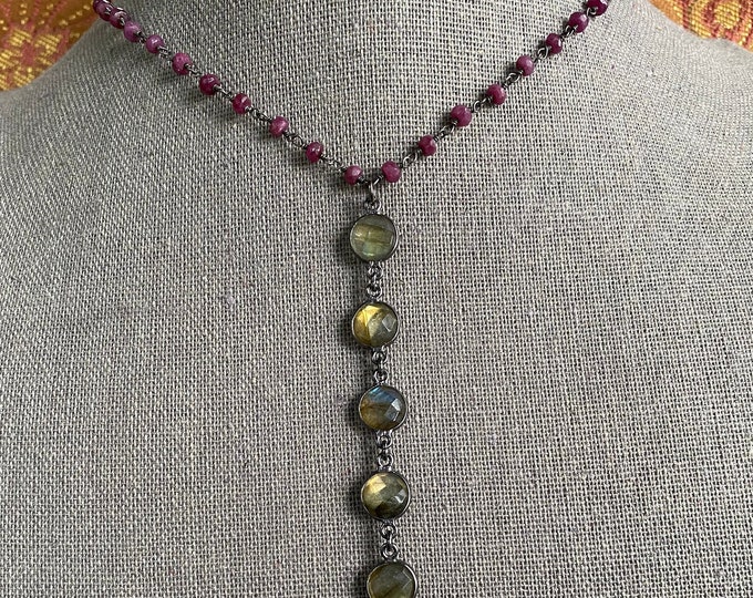 SOLD! Ruby and Labradorite drop necklace