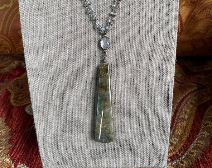 SOLD! Long Lean Labradorite Pendant on blue topaz and labradorite chain