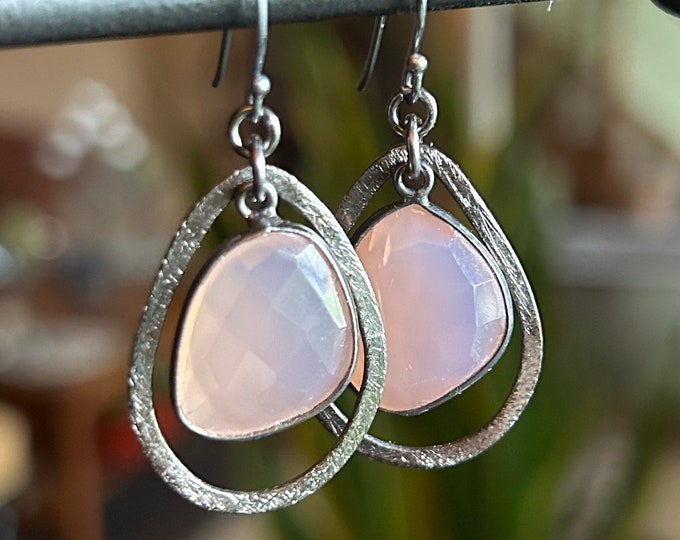 Pink Chalcedony with Oxidized Sterling Earring