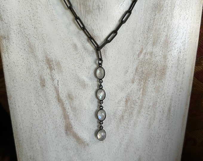 Rainbow Moonstone drop on Black sterling chain