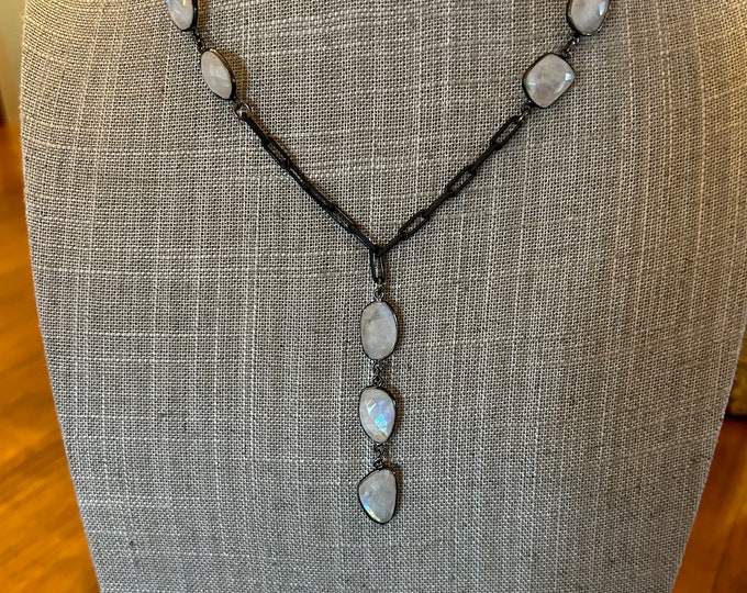 SOLD-Rainbow Moonstone with Black Sterling link "Y" Necklace