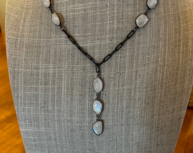 Rainbow Moonstone with Black Sterling link "Y" Necklace