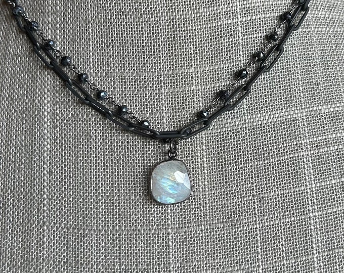 Rainbow Moonstone Single Drop Necklace