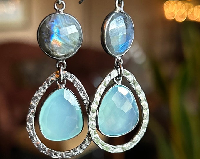 Aqua Chalcedony with labradorite and Oxidized Sterling Silver Earring