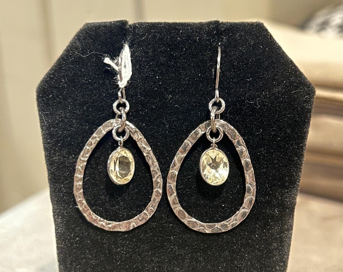 Citrine Gem inside Hammered Oxidized Sterling Silver Oval Earring